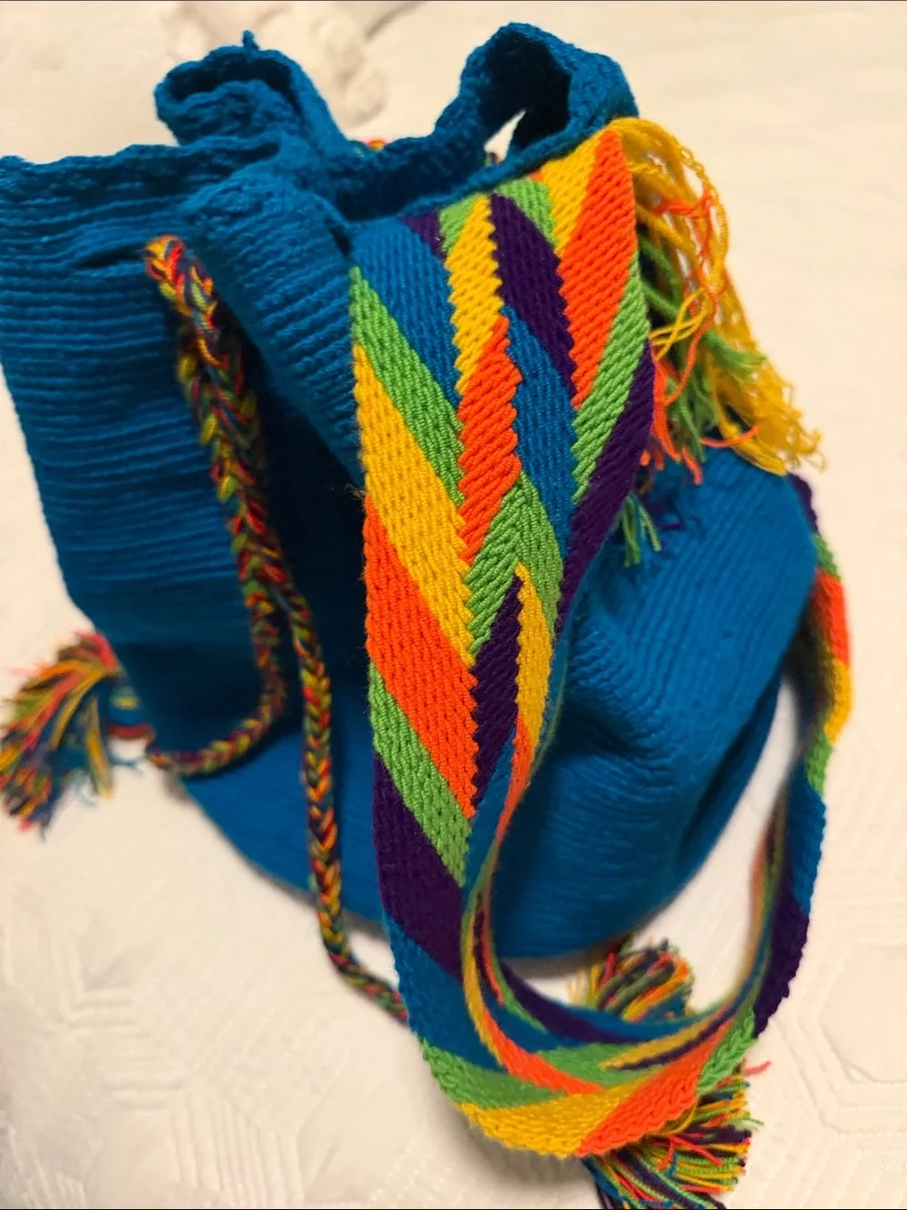 Handwoven Teal Bucket Bag with Multi-Color Strap Handmade wayuu tribe